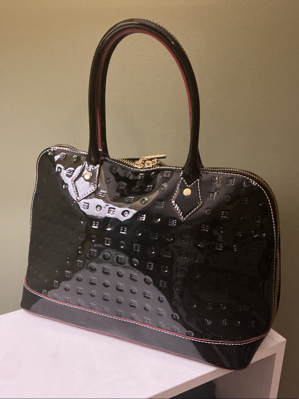 Arcadia Black Patent Leather Dome Satchel with Red Trim & Contrast Stitching NEW